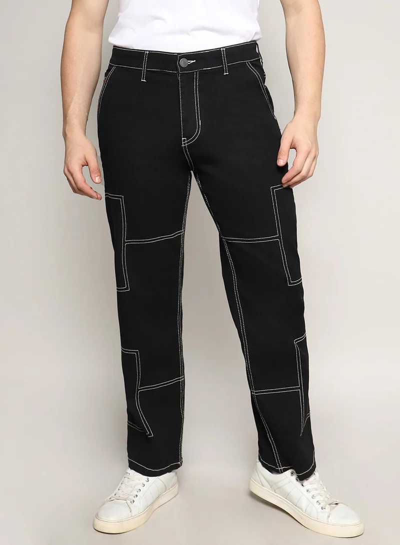 كامبوس سوترا Men's Jet Black Contrast Stitched Denim Jeans For Casual Wear | Dark-Wash | 5 Pocket | Button Closure | Denim Jeans Crafted With Comfort Fit For Everyday Wear